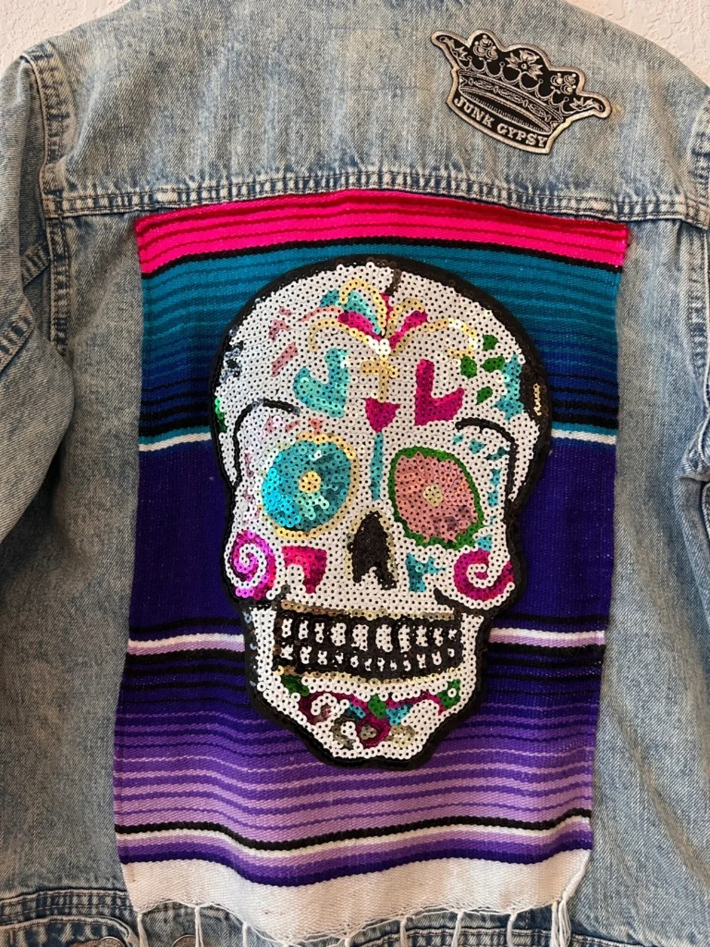 Old Navy Light Wash Denim Jacket with Colorful Embroidery sequin skull - Picture 5 of 8